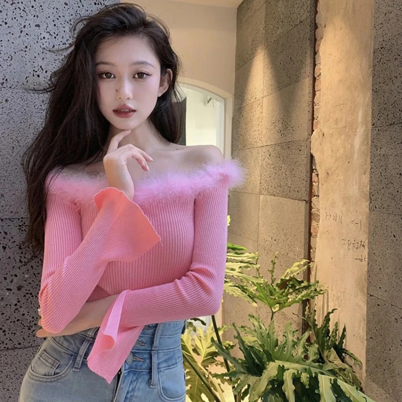 

Women's Off Shoulder Sexy Sweater Fluffy Fur Stitching Slash Neck Long Sleeve Knit Bottom Sweaters Top Ladies Club Tops