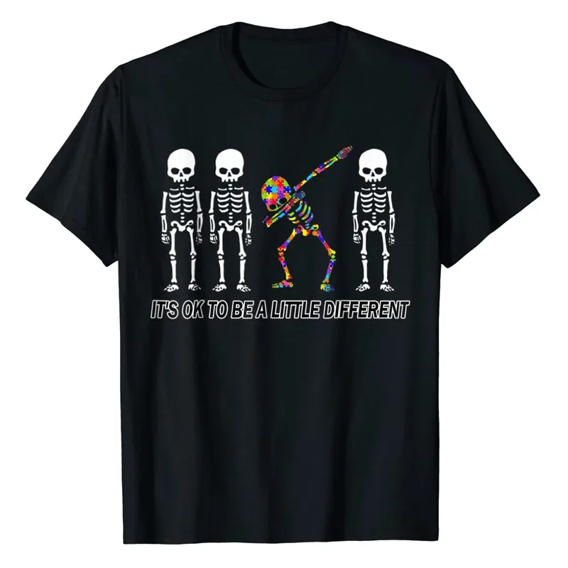 

It's Ok To Be A Little Different Autism Awareness Dabbing Skeleton T-Shirt Funny Skull Print Graphic Tee Tops Autistic Outfits