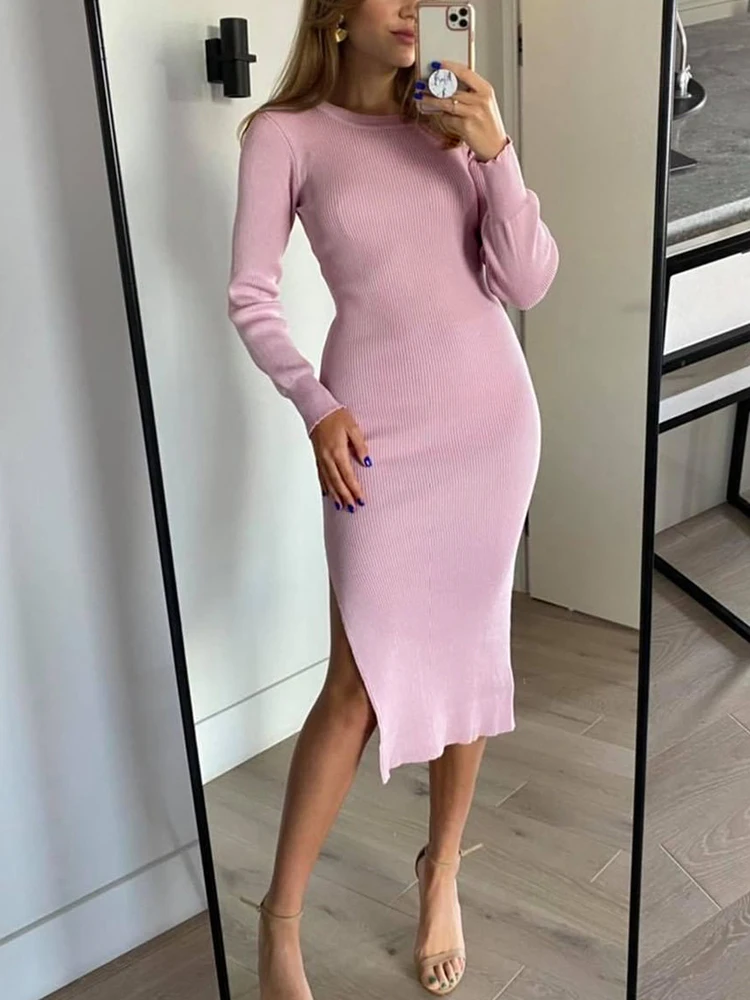 

Pink Women's Knitted Dress with Side Slit Black Simple and Elegant Party Dresses for Women Ribbed Knit Dress Bodycon Vestidos