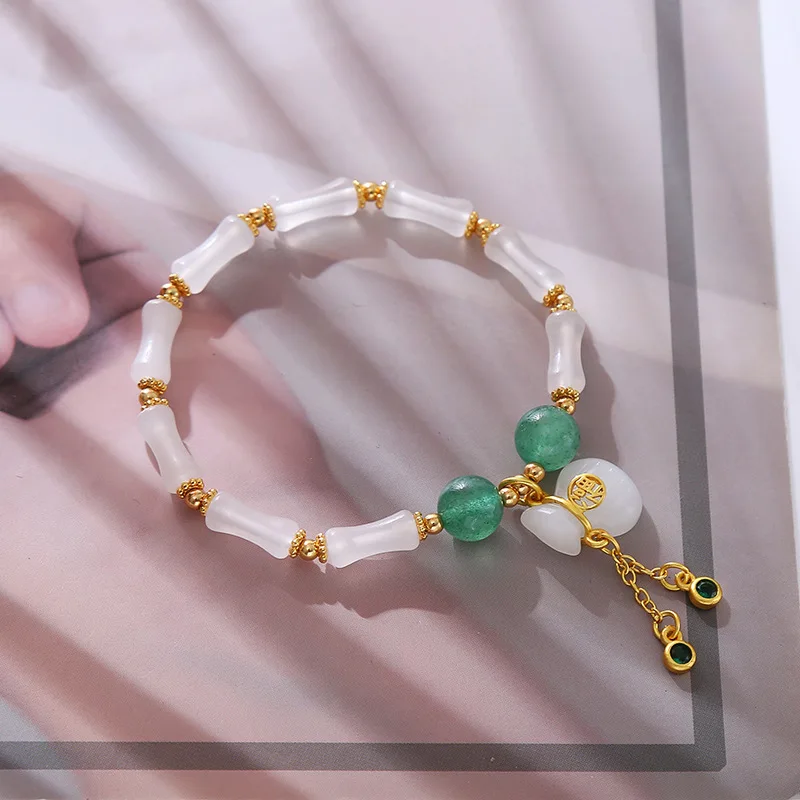 

Ethnic Style Jade Bracelet with Vintage Bamboo Bead Hand Chain Fashion Jewelry Charm Lucky Bag Pendant Luxury Women's Accessory