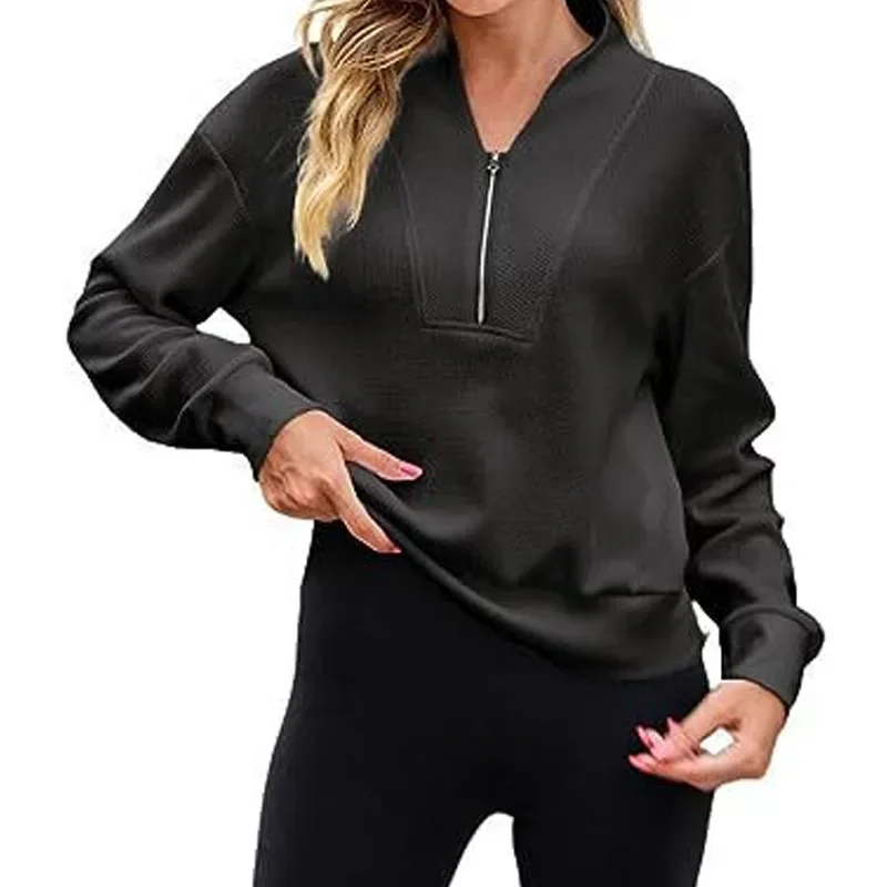 2023 Winter Women's New Fashion Casual Knitted Sweatshirt Loose and Comfortable Waffle Zipper V-Neck Pullover Long Sleeve Top