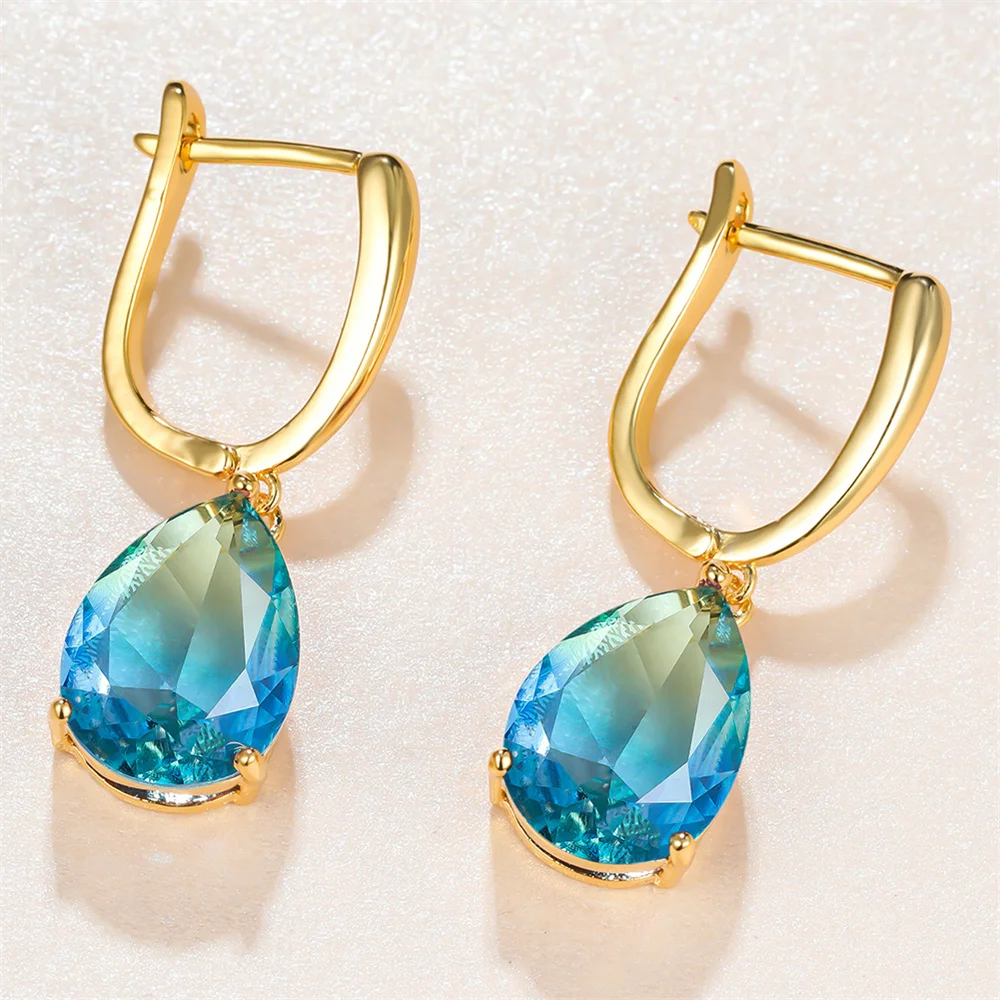 Blue Green Crystal Zircon Water Drop Stone Hoop Earrings For Women Vintage Gold Color Ear Buckle Wedding Jewelry Versatile Gifts