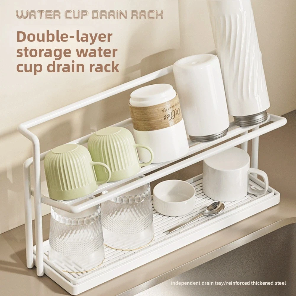 Double-layer 2Layer Cup Storage Rack Sink Storage Rack Carbon Steel Drain Cup Rack Black White with Drip Tray Cup Storage Tray