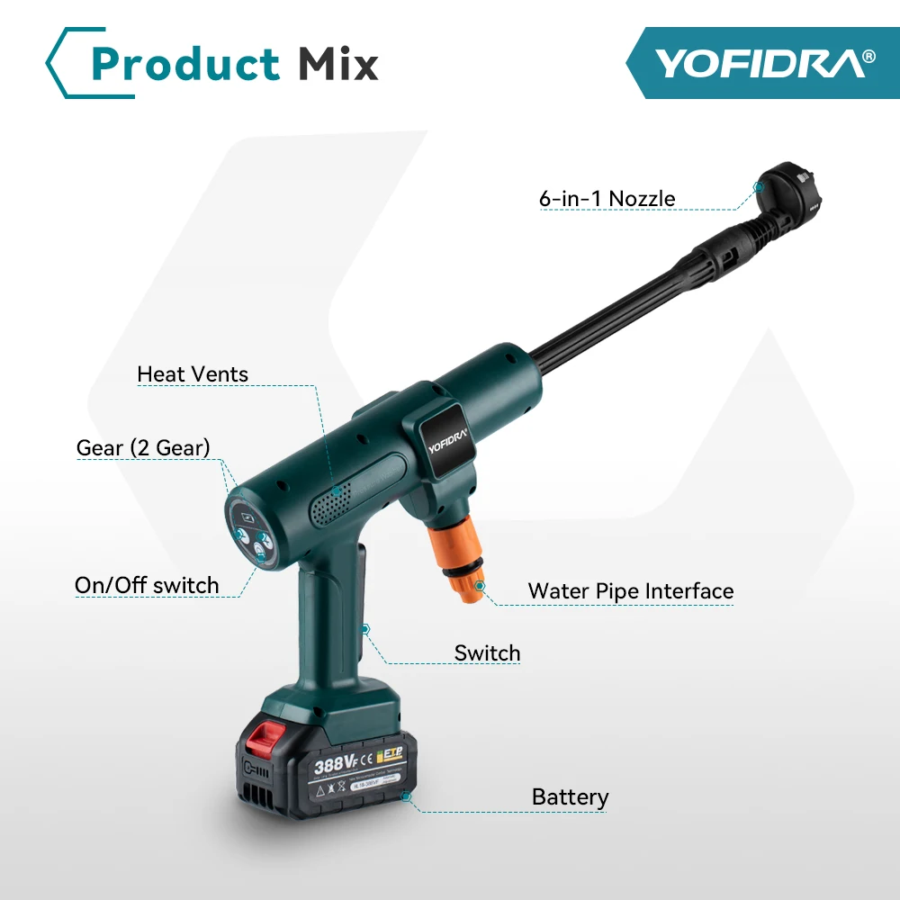 Yofidra 200bar 3500w bürstenloser elektrischer Hochdruck reiniger 6-in-1 Auto wasch garten Wasser pistole für Makita 18vbattery Spritzpistole