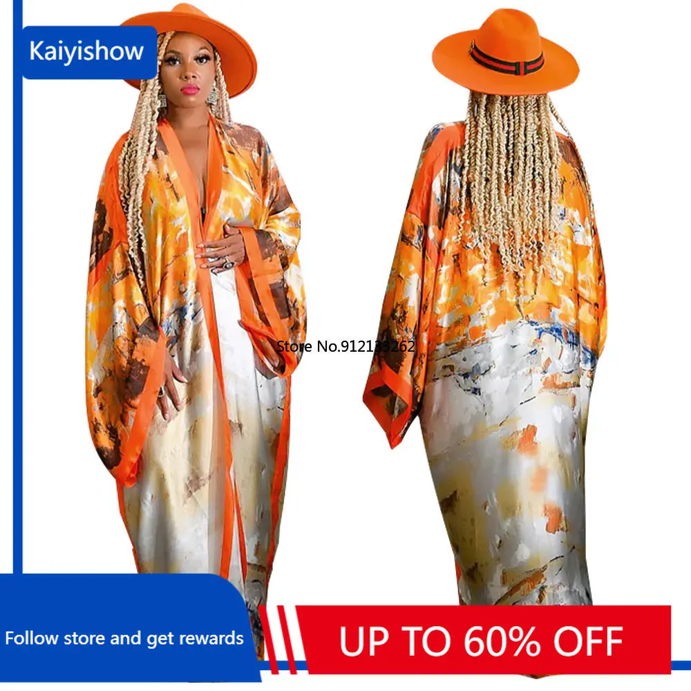 

Fashion Printed Satin Shirts for Women Long Kimono Beach Cover Ups Ladies Blouse Vacation Oversized Cardigan
