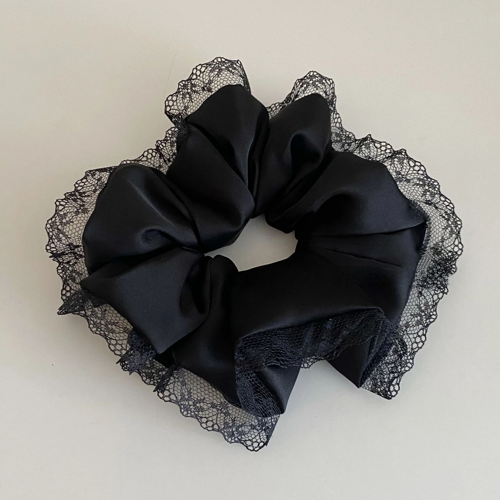1PC Black and White Satin Hair Ties, Lace - Trimmed Scrunchies, Elegant Hair Accessories for Women's Daily Styling