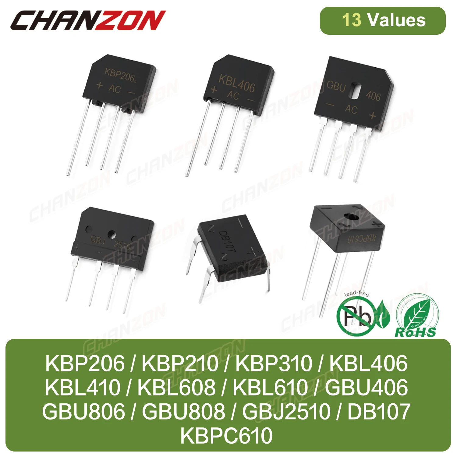 Kbp206 Kbp210 Kbp310 Kbl406 Kbl410 Kbl608 Kbl610 Gbu406 Gbu806 Gbu808 Gbj2510 Db107 Kbpc610 Diodo Raddrizzatore A Ponte 800V 1000V