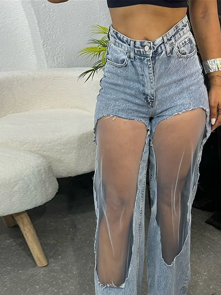 Y2k Cut-out Gradient Woman's Denim Pants Mesh Patchwork Low Rise Jeans for Women Baggy Wide Leg Dragging Vintage Denim Trousers 6