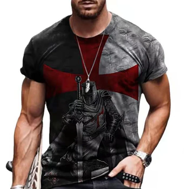 Summer Men's Fashion Street Versatile Top 3D Knights Templar Print T-Shirt Casual Round Neck Fitness Shirt S1074