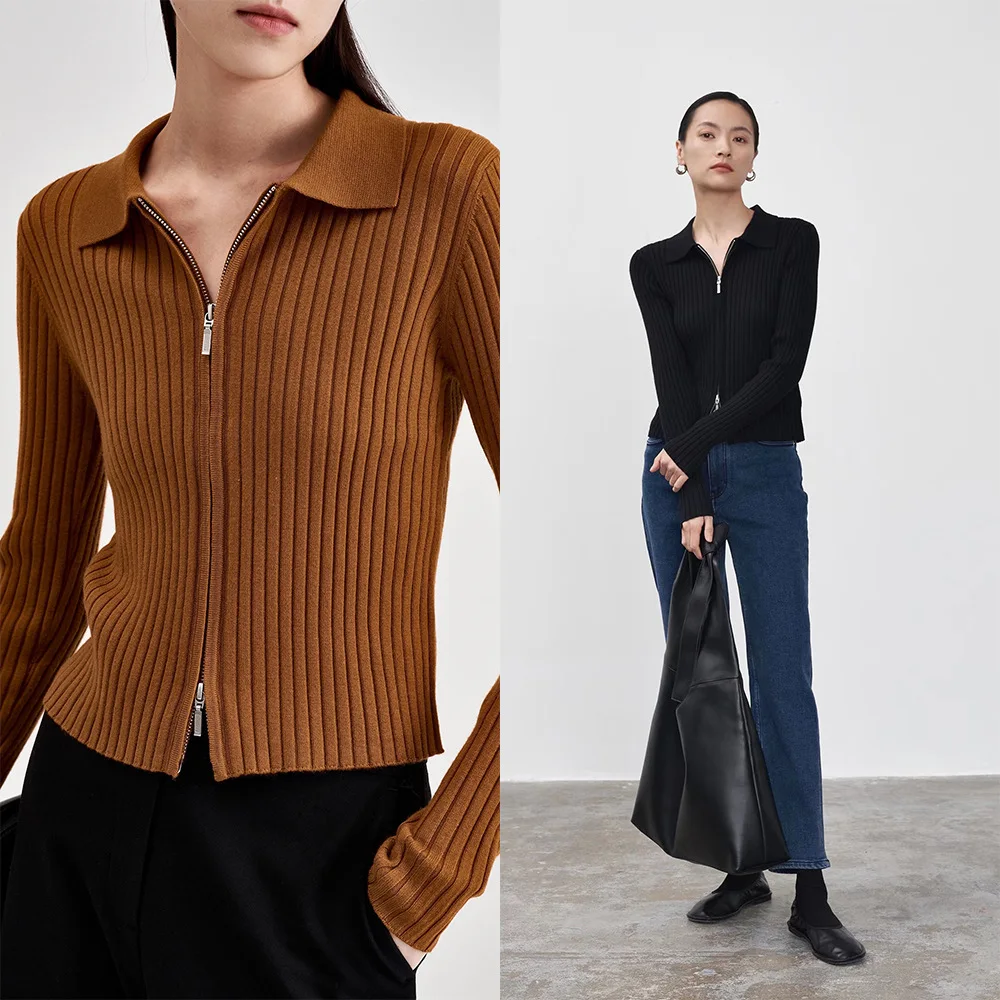

Slim Double Head Zipper Cardigan Sweater Women's Wool Top Minimalist temperament Solid Color Polo Collar Autumn/Winter Coat