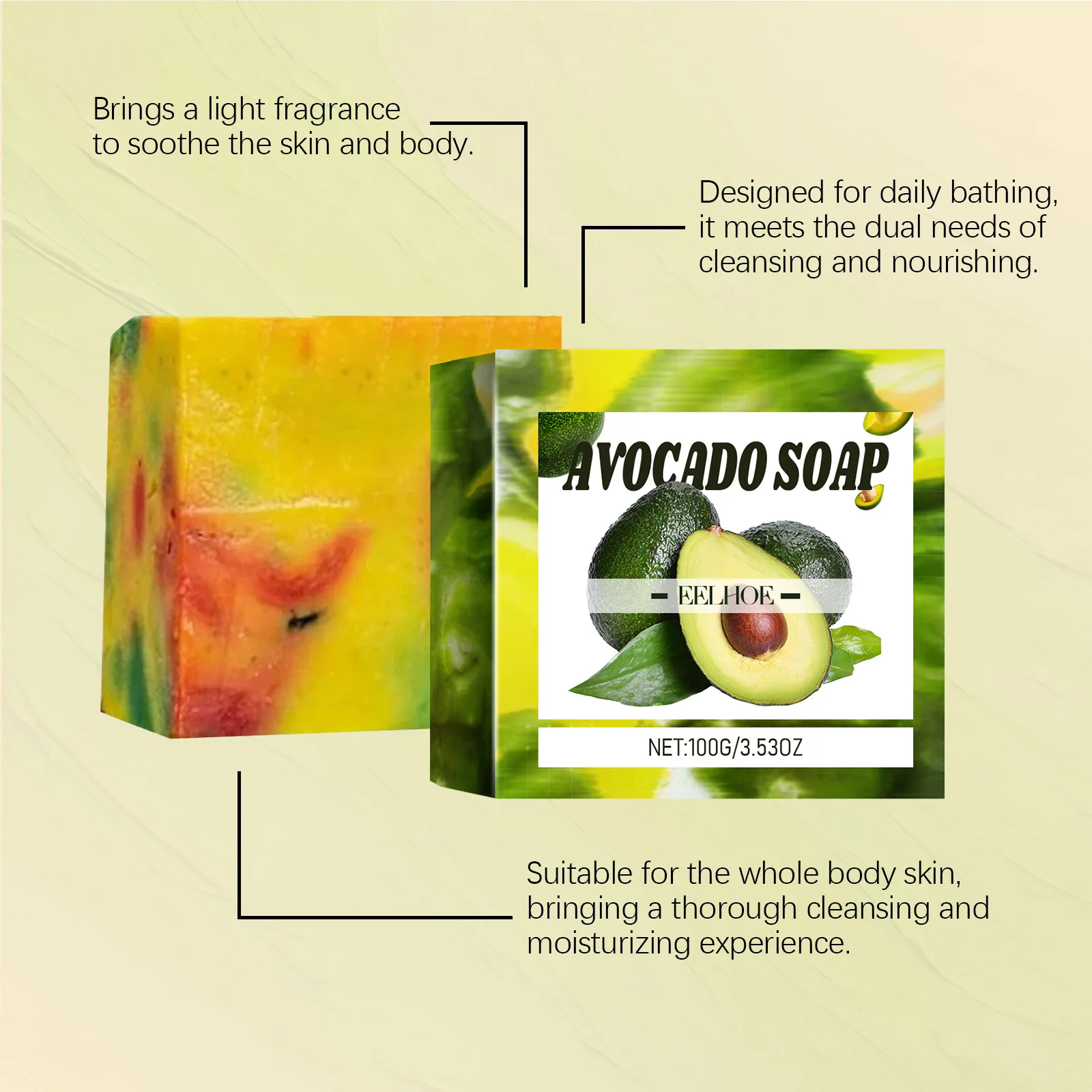 EELHOE Elastic Skin Lightening Soap Avocado Oil Control Rich Foam Professional Skin Cleansing Smooth Brightening Body Soap 100g 4