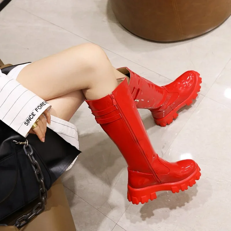 여성용 두꺼운 힐 벨트 버클 하이 부츠, 캐주얼 오토바이 부츠, 높이 5cm, 34-43, 가을, 겨울, 새로운 스타일 패션