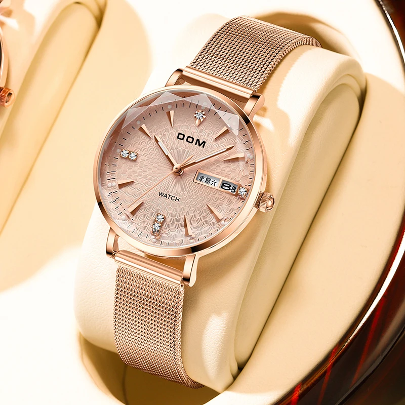 

DOM Ladies luxury leisure exquisite rose gold watch women's waterproof quartz watch fine steel women's watch Ladies Gift G-1676G
