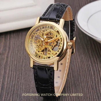 Wholesale WINNER Luxury Brands Gold Woman Watch Steel Skeleton Mechanical Manual Movement Genuine Leather Elegant Ladies Watches