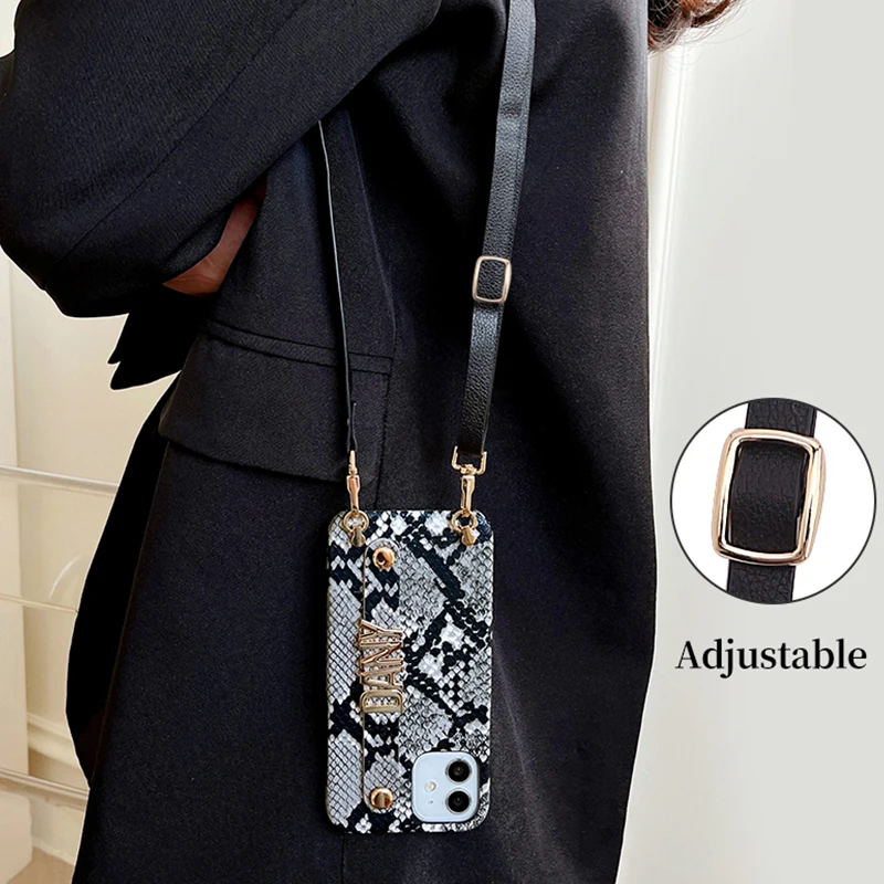 Genuine Leather Phone Case with Crossbody Strap DIY Phone Cover Customized Your Name iPhone 15 14 14Pro Max 14Plus 13Pro 12 11