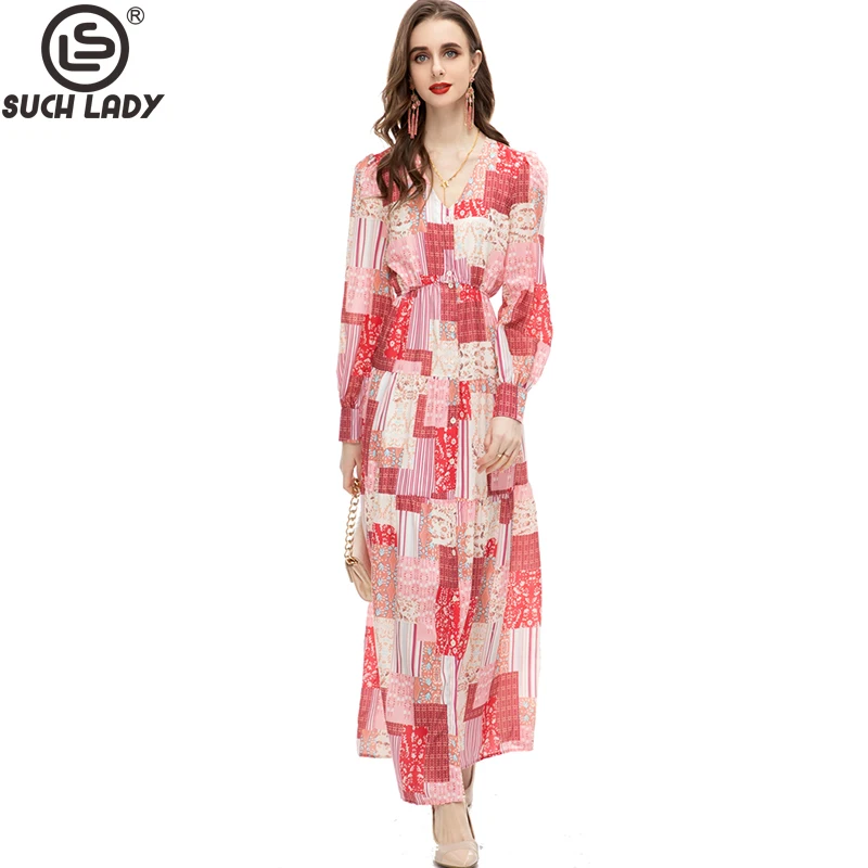 

Women's Runway Dresses Sexy V Neck Single Breasted Printed Elegant High Street Casual Holiday Vestidos