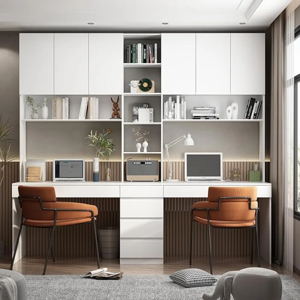2-in-1Computer Desk for2Person with 82.7" Tall Bookshelf&3-Color Lights,90.6"L-Office Desk with4Drawers,14Shelves&6 Glass Doors 4