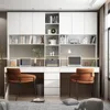2-in-1Computer Desk for2Person with 82.7" Tall Bookshelf&3-Color Lights,90.6"L-Office Desk with4Drawers,14Shelves&6 Glass Doors 4