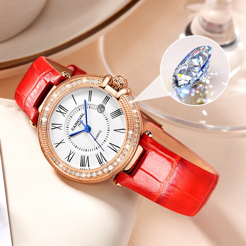 CARNIVAL Brand Fashion Watch for Women Luxury Diamond Leather Casual Rose Gold Quartz Wristwatches Waterproof Clock Reloj Mujer
