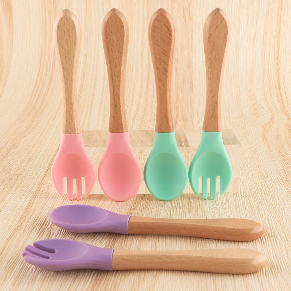 2PCS Silicone Spoon Fork For Baby Utensils Set Wooden Handle Baby