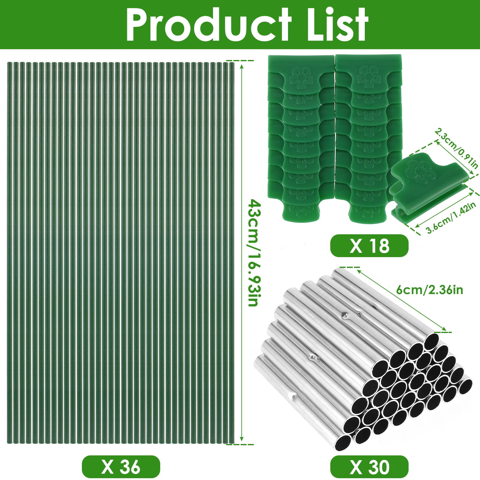 Greenhouse Hoops Set 17 Inches Long Detachable DIY Support Hoops Frame Large Fiberglass Garden Hoops Frame with 18 Fasten Clips