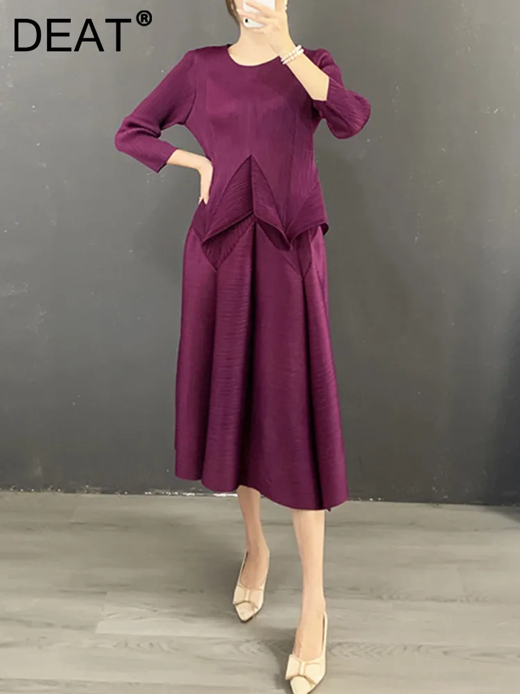 

Женский плиссированный комплект DEAT, однотонный Свободный Топ с круглым вырезом и повседневная юбка с эластичным поясом, весна 2024, 15KB875