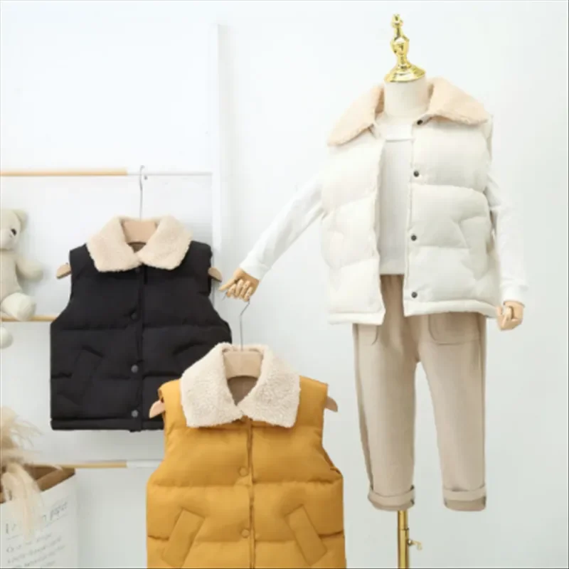 Fashion Turn-down Collar Boys Girls Vest Autumn Winter Thickened Baby Warm Vest Kids Foreign Flavor Solid Color Sleeveless children vest