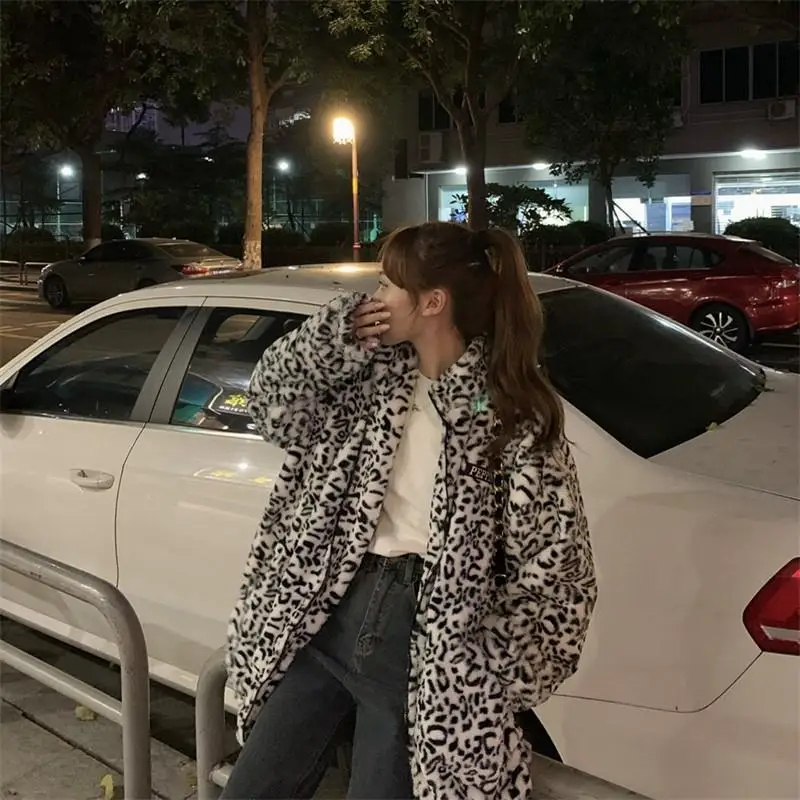Chic Korean Fashion Style Overcoat Casual Zebra Pattern Plush Jacket Winter New Thick Warm Short Jacket Women All-match Jackets