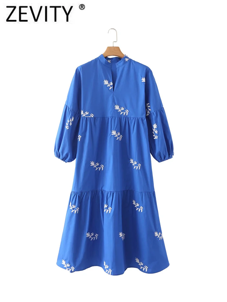 Zevity Women Fashion Floral Embroidery Casual Pleats Blue Midi Dress zevity-women-fashion-floral-embroidery-casual-pleats-blue-midi-dress