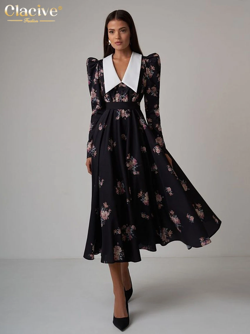 

Clacive Fashion Loose Print Women'S Dress Elegant Lapel Long Sleeve Office Midi Dresses Casual Classic High Waist Feamle Dress