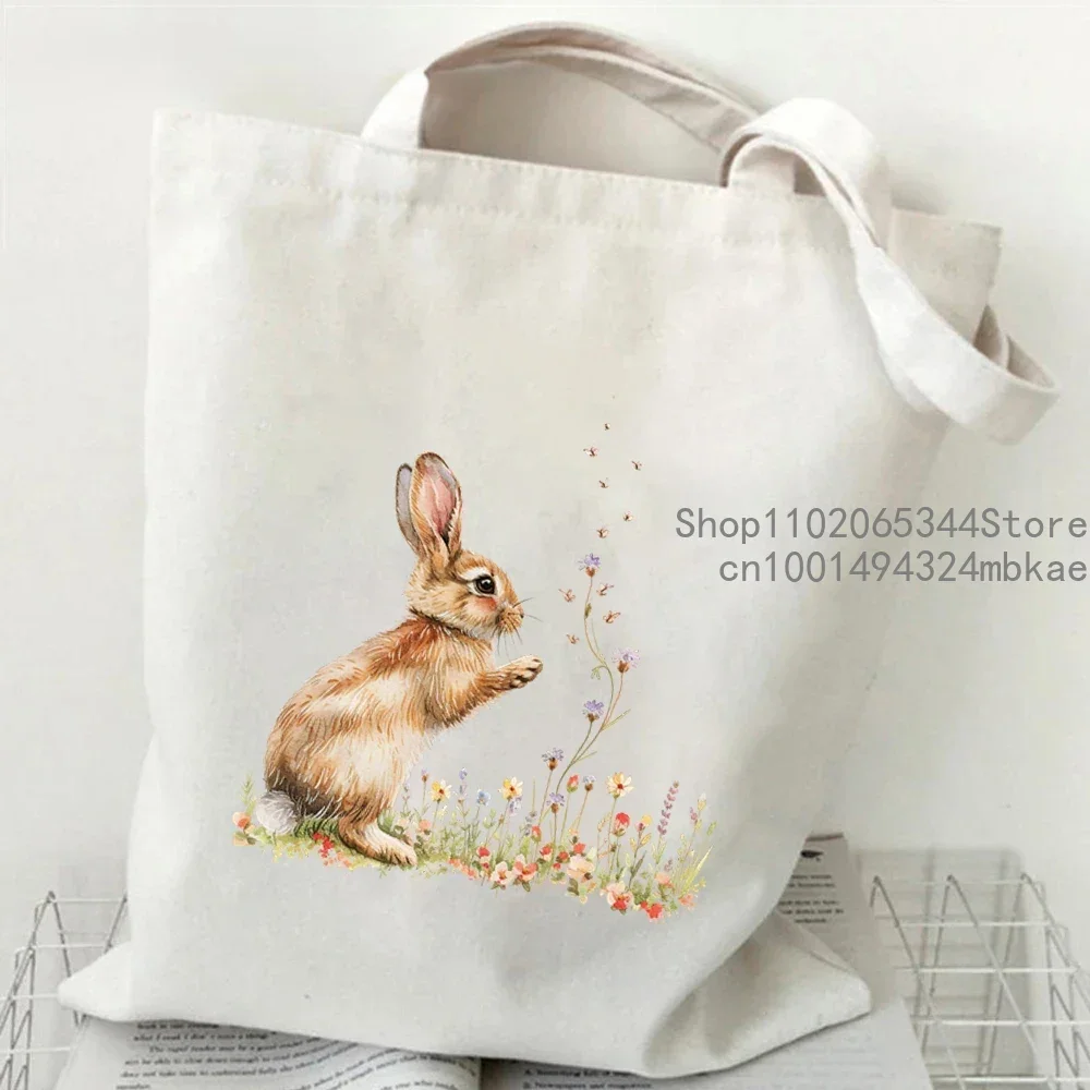 Floral Bunny Watercolor Canvas Tote Bag - Women's Casual Handbag