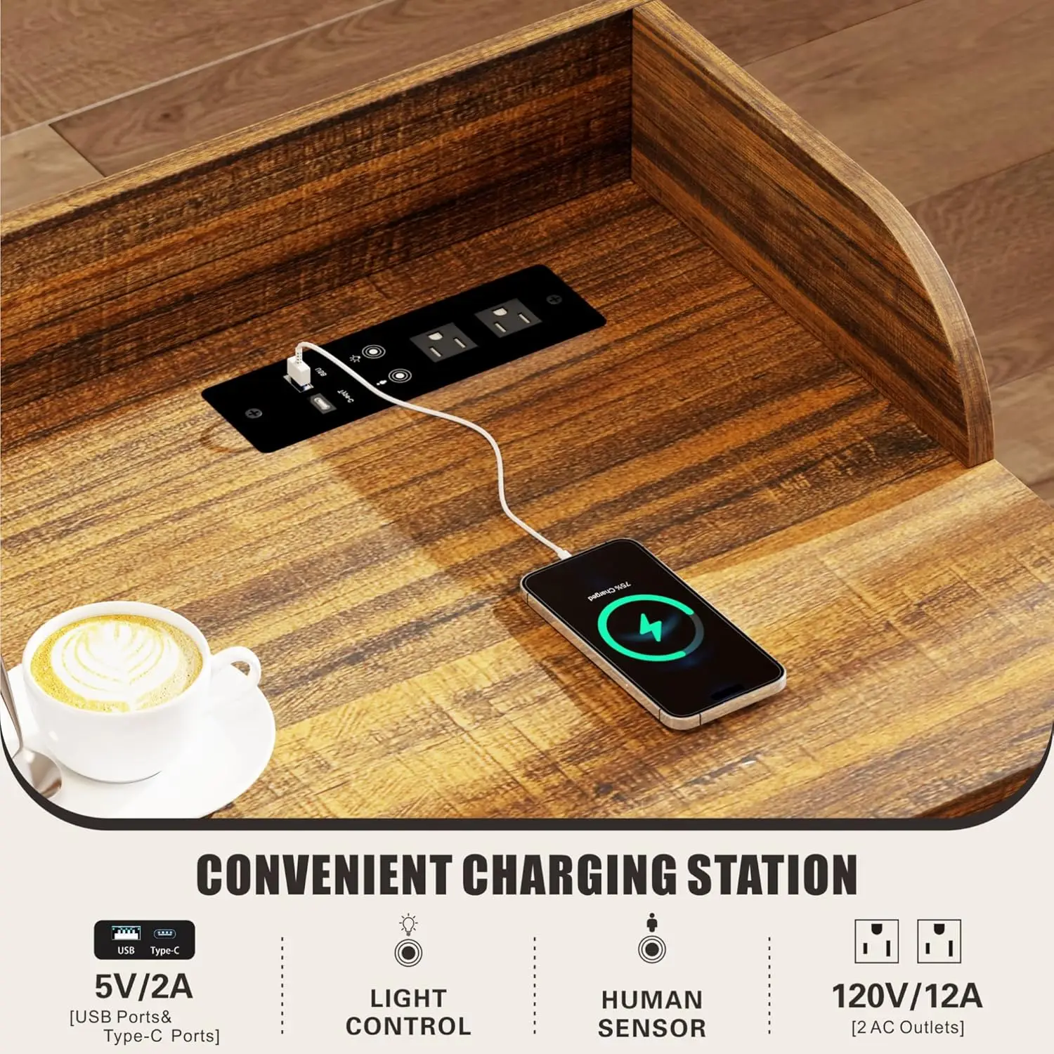 "adjustable height & length overbed desk with mobile charging station - led light, queen size"