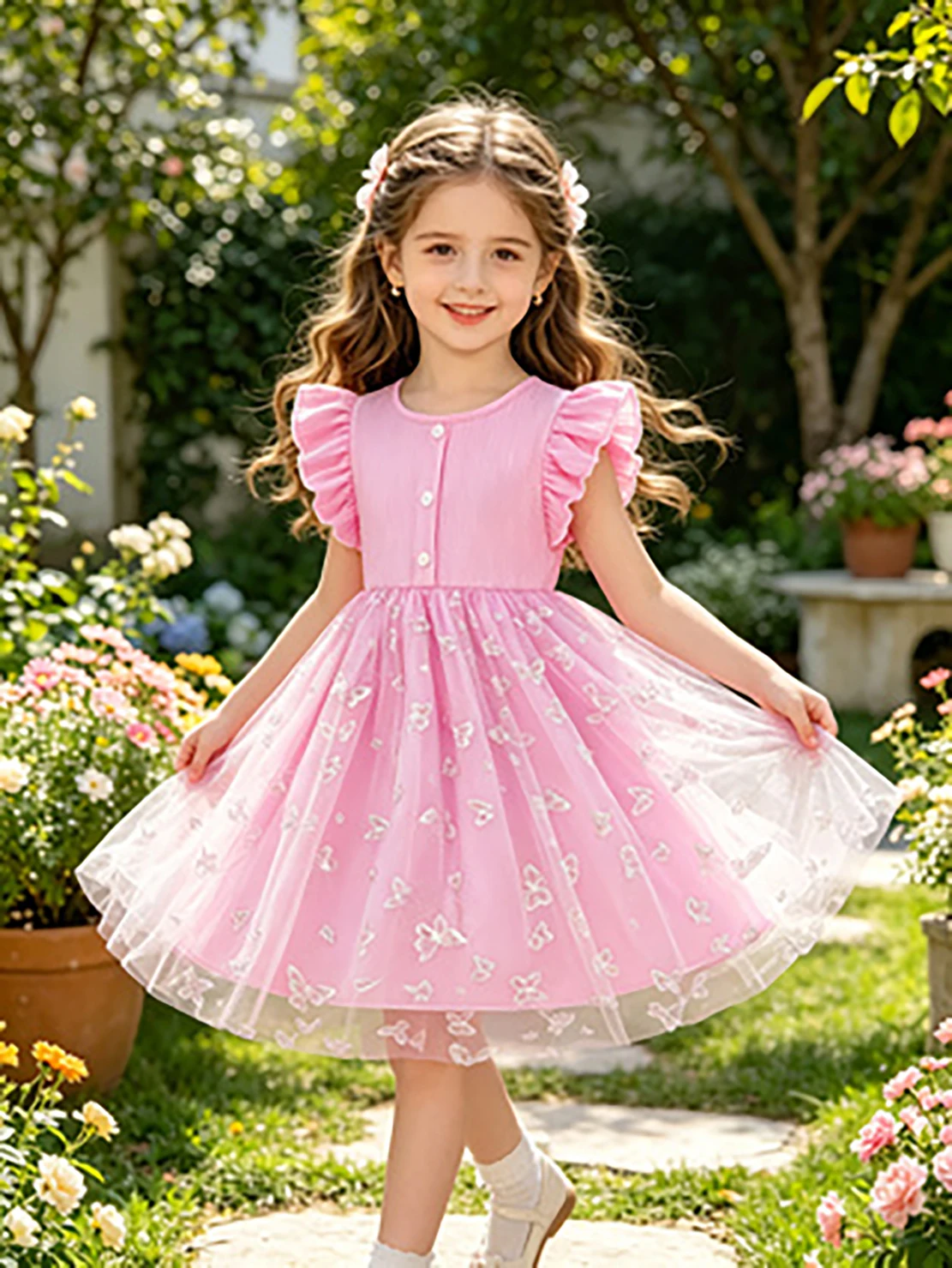 Pink Butterfly Embroidery Summer Princess Dress with Flutter Sleeves