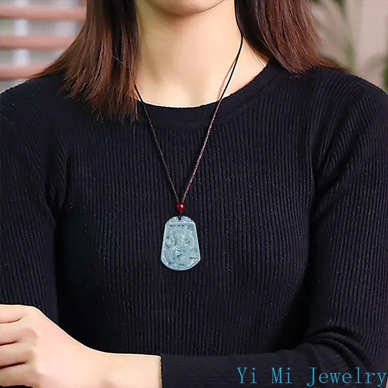 Genuine A-goods Jadeite Blue Water Trumpet Dragon Pendant Fashion High-grade Men's and Women's Models Jewelry Jade Necklace