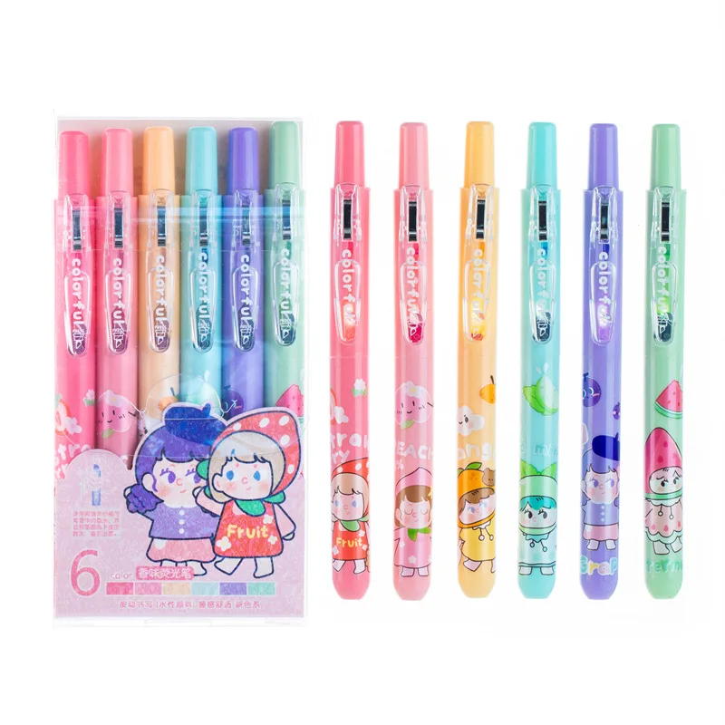 QingY-6 Pieces Kawaii Pens Cute Candy Color Highlighters Manga Marker Pens  Pastel Midliner Stationery for Students 