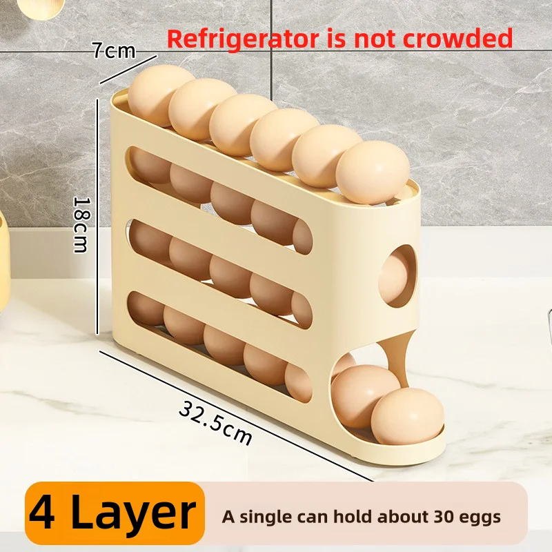 Egg Carton 4-layer Egg Holders Refrigerator Automatic Roll-Out Fresh Egg Storage Device Household Refrigerator Storage Box Hold 30 Eggs