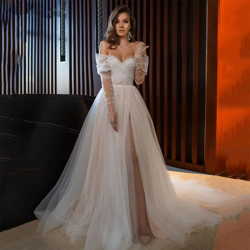 

2023 Glitter Wedding Dresses Full Sleeves Off Shoulder Side Slit Sweetheart A Line Custom Made Bridal Gowns Vestidos De Novia