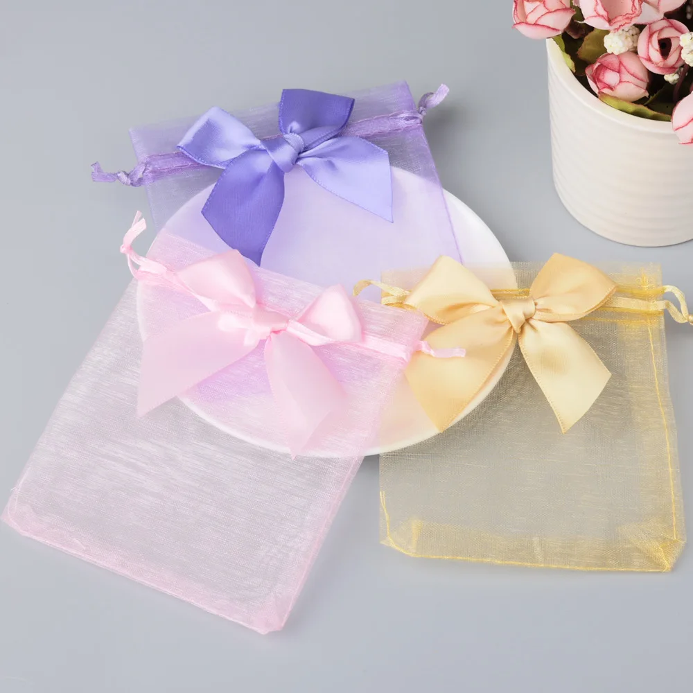 10/20/50pcs/lot New Organza Gift Bag Bowknot Christmas Party Wedding Candy Bags Exquisite Jewelry Packing Drawstring Pouch