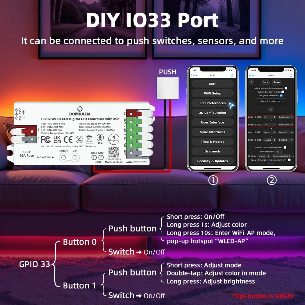 DOMRAEM ESP32 WLED Controller 4-Kanal 16A Sicherung Mikrofon-Soundreaktiv Niedriger Energieverbrauch HA Alexa-Kompatibel WS281X SK6812 RGBIC LED-Streifen DIY – Detail 9