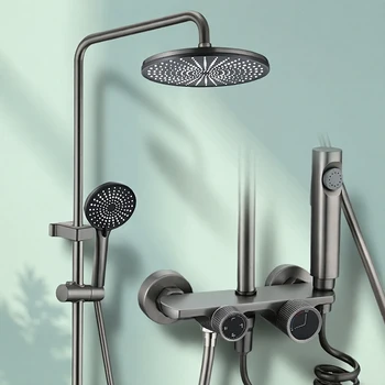 ชุดระบบฝักบัว 4 ฟังก์ชั่น ติดผนัง พร้อมหัวฝักบัวแบบเรนชาวเวอร์แรงดันสูง และฝักบัวมือ  ก๊อกผสมทองเหลือง ดีไซน์หรูหรา สีกันเมทัล 1