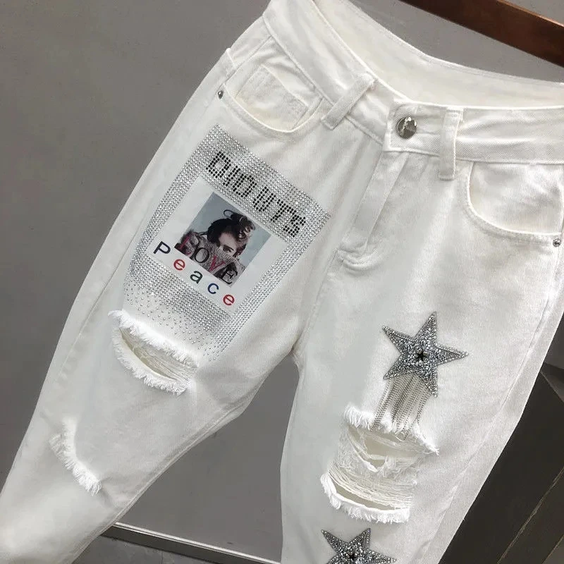여성용 할란 청바지, 하이 웨이스트 홀 템퍼러먼트 숙녀 바지, 한국 버전 패션, 레이디 나인 포인트 바지, 2024 용수철