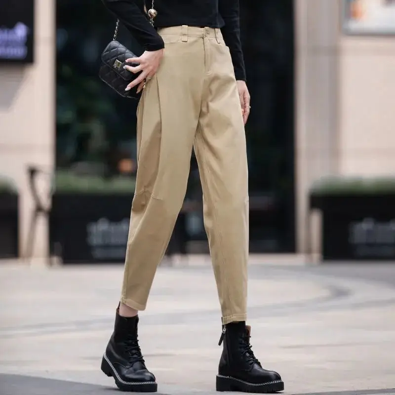 

2022 Spring New Korea Fashion Women High Waist Loose Ankle-length khaki Pants All-matched Casual Cotton Harem Pants C15