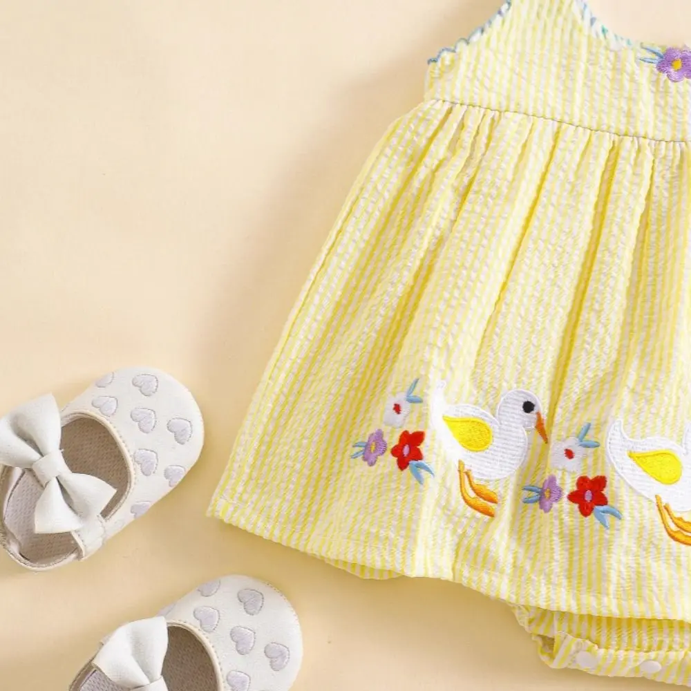Sleeveless Design Baby Girl Romper Dress Yellow Gingham Cotton Material Cotton Romper Duck Print Floral Embroidery