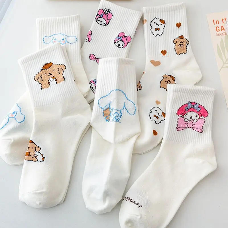 

Носки с аниме Sanrio Kuromi Cinnamoroll Melody, летние носки с принтом Kawaii из чистого хлопка, дышащие простые белые носки, подарок