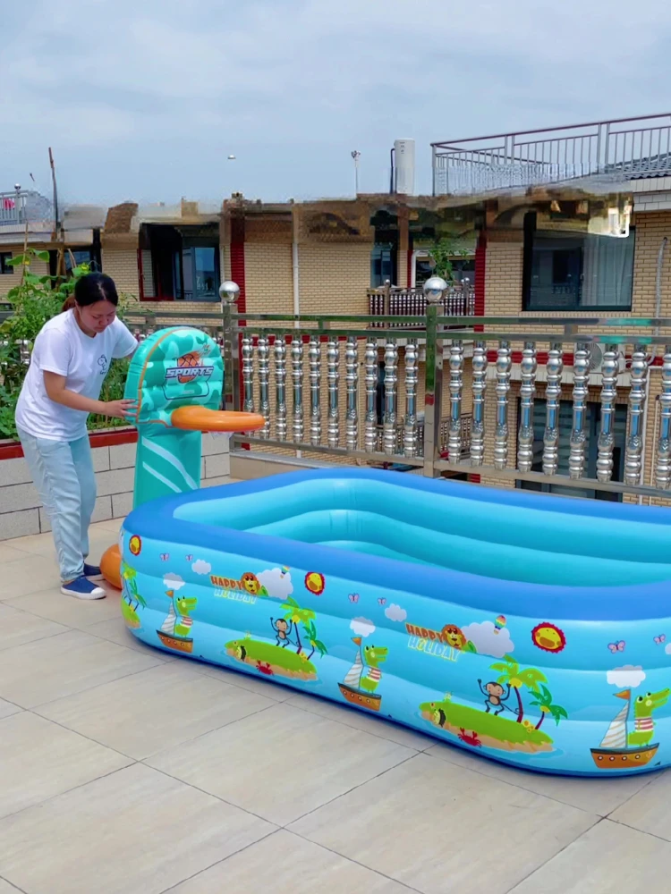 Swimming Pool Printing 3-ring Pool Kids Toy Ball Baby Bath Automatic Inflatable Swimming Inner Diameter 135*90*58cm