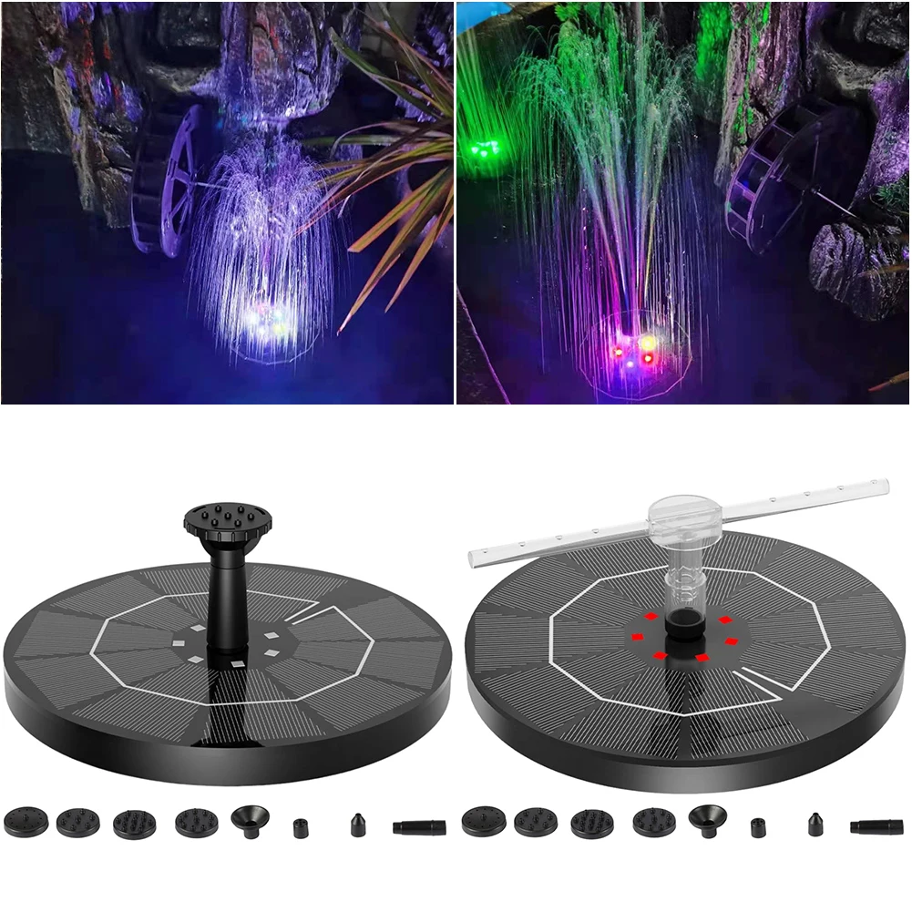 태양광 구동 분수 펌프, 정원 수영장 연못용, 6 노즐 및 컬러 LED 조명 포함, 120L/H, 2.2W