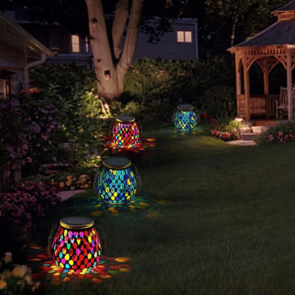 

Mosaic Mason Jar Lamp Glass Mosaic Solar Lights Projection Hanging Lantern for Garden Backyard Porch Patio Lawn Party Decor