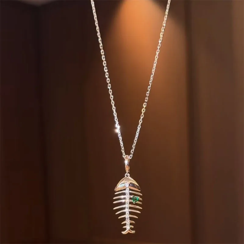 Fashion trendy green diamonds necklace accessories high-end simple and unique luster fishbone collares chain party jewelry gifts - 5