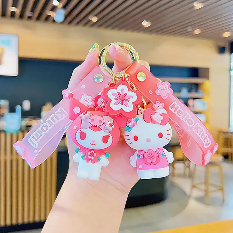 Sanrio Cartoon Sakura Kuromi Hello Kitty Pendant Keychain Key Ring Anime Action Figures Collection Model Toys Kids Jewelry Gifts