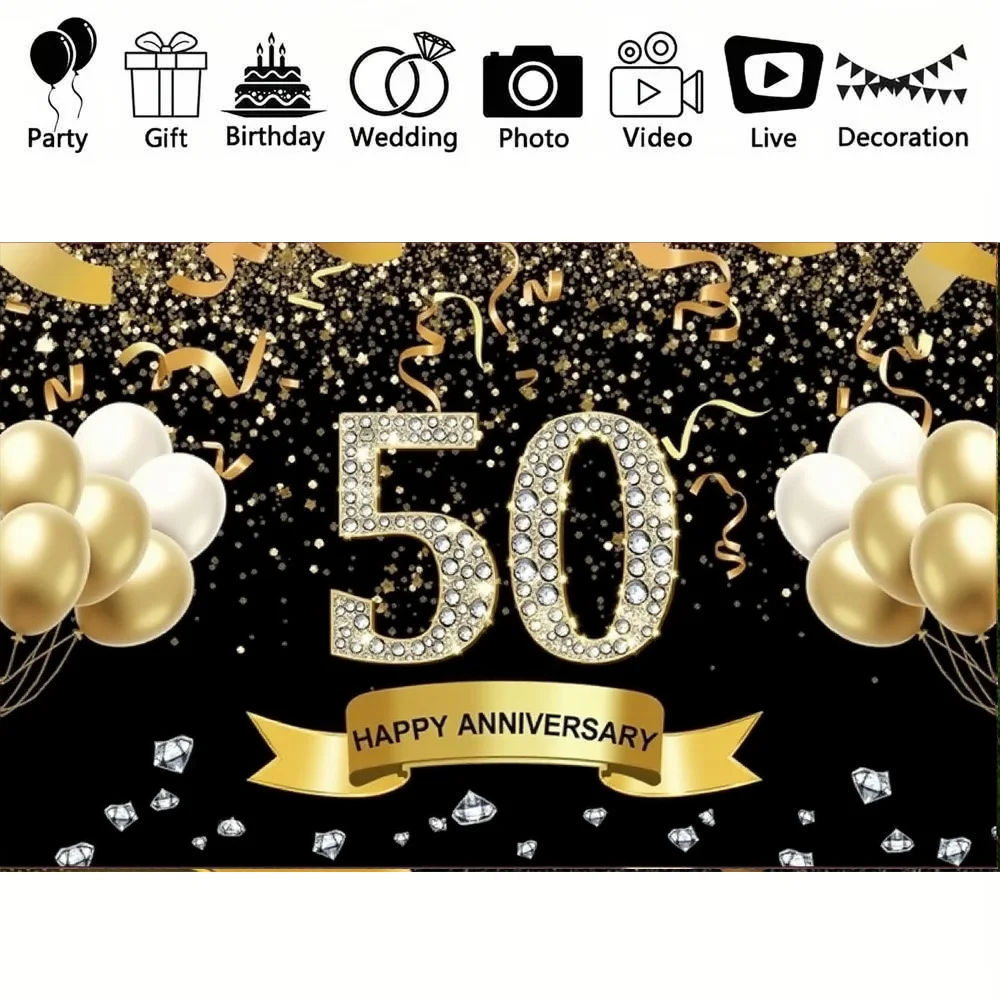 180*110cm Happy 50th Anniversary Backdrop Banner For Wedding Party